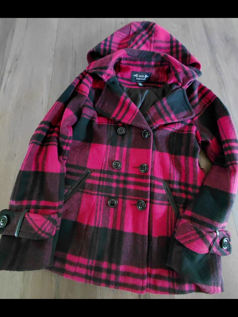 Y2K Hot Pink and Black Plaid Hooded Peacoat - Picture 2 of 5